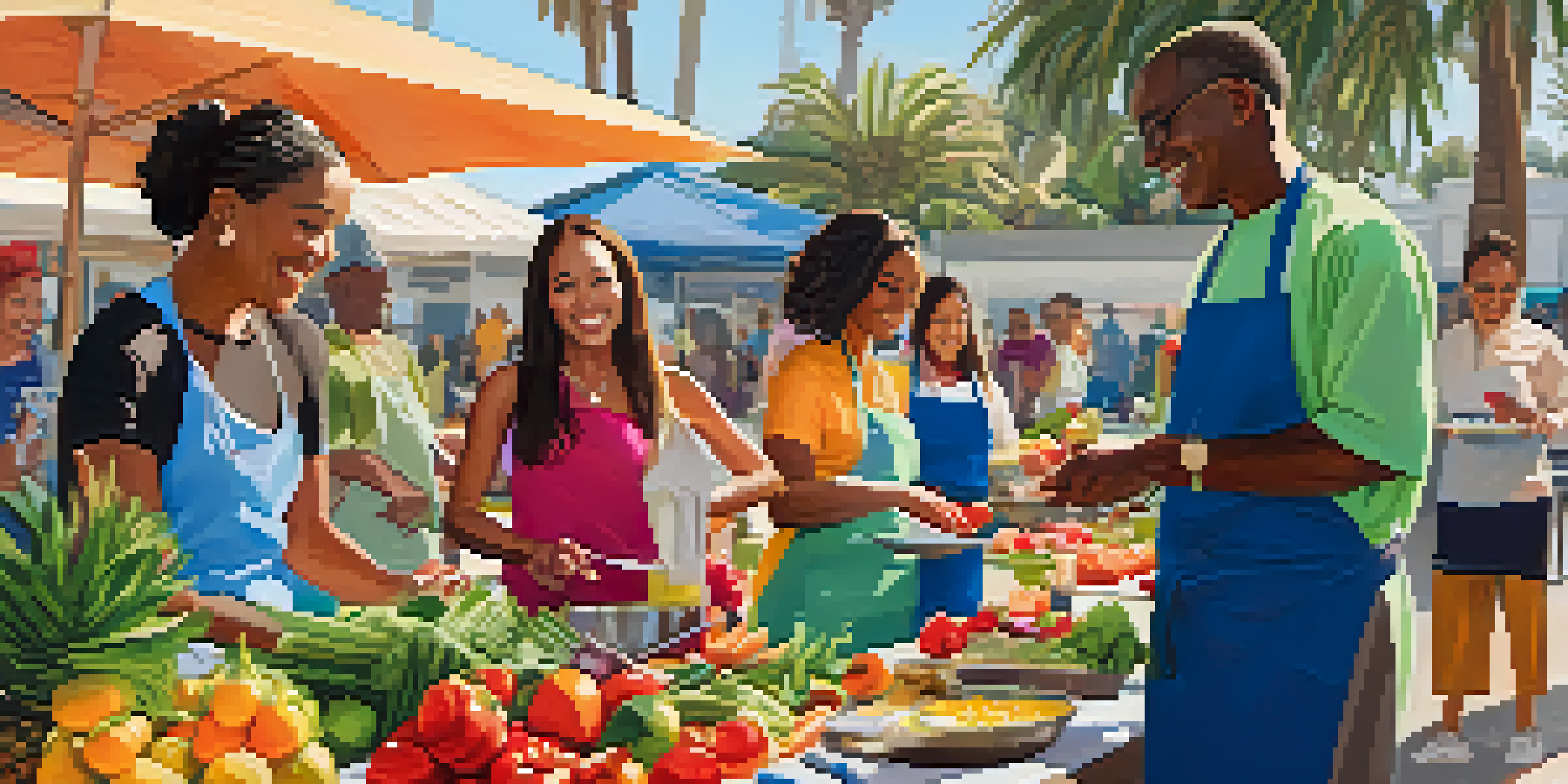 A diverse group of people participating in a cooking demonstration at a nutrition workshop outdoors in Santa Monica, surrounded by fresh produce and palm trees.