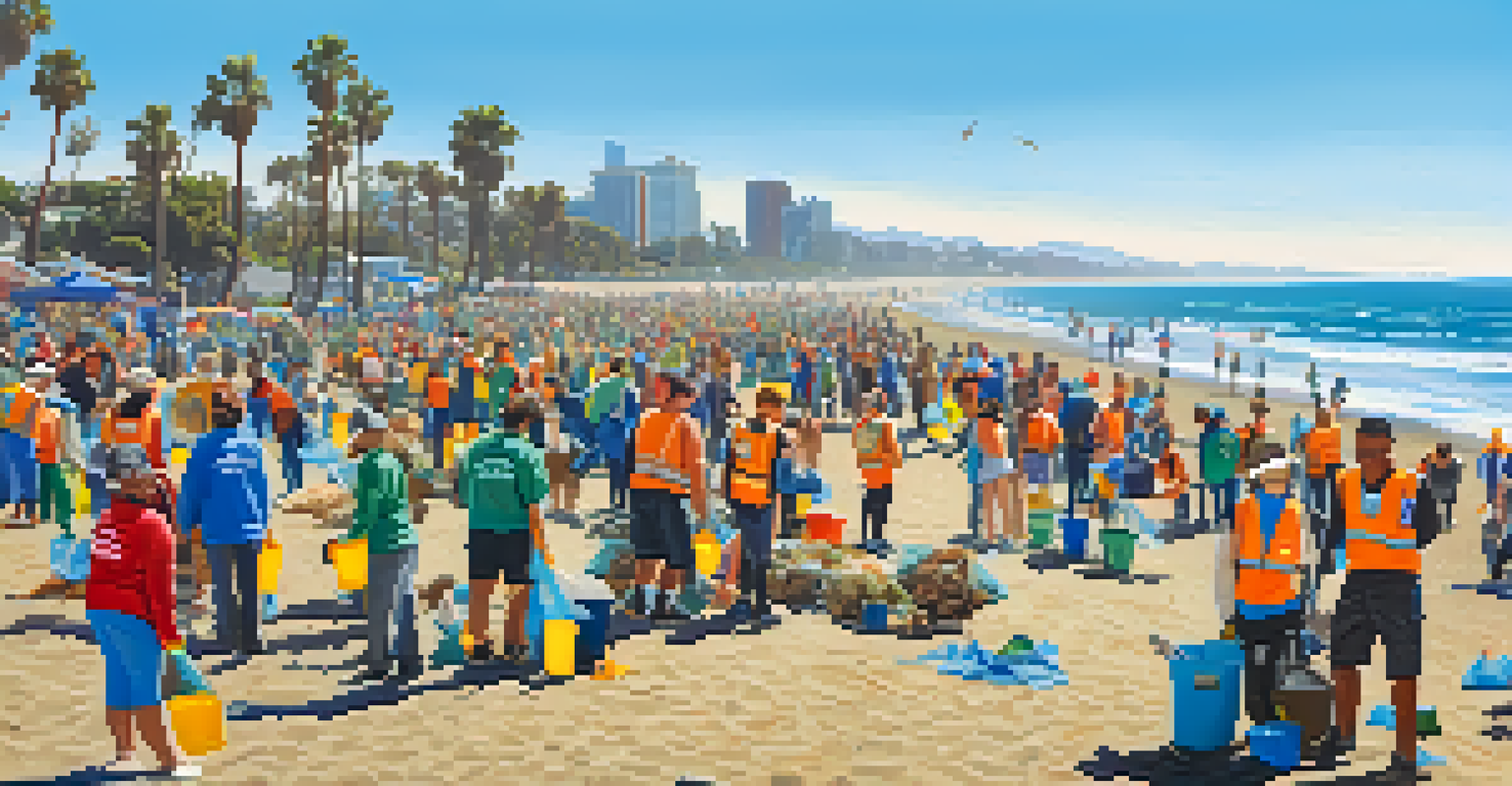 Volunteers participating in a beach clean-up at Santa Monica, collecting trash along the shoreline under a clear blue sky.