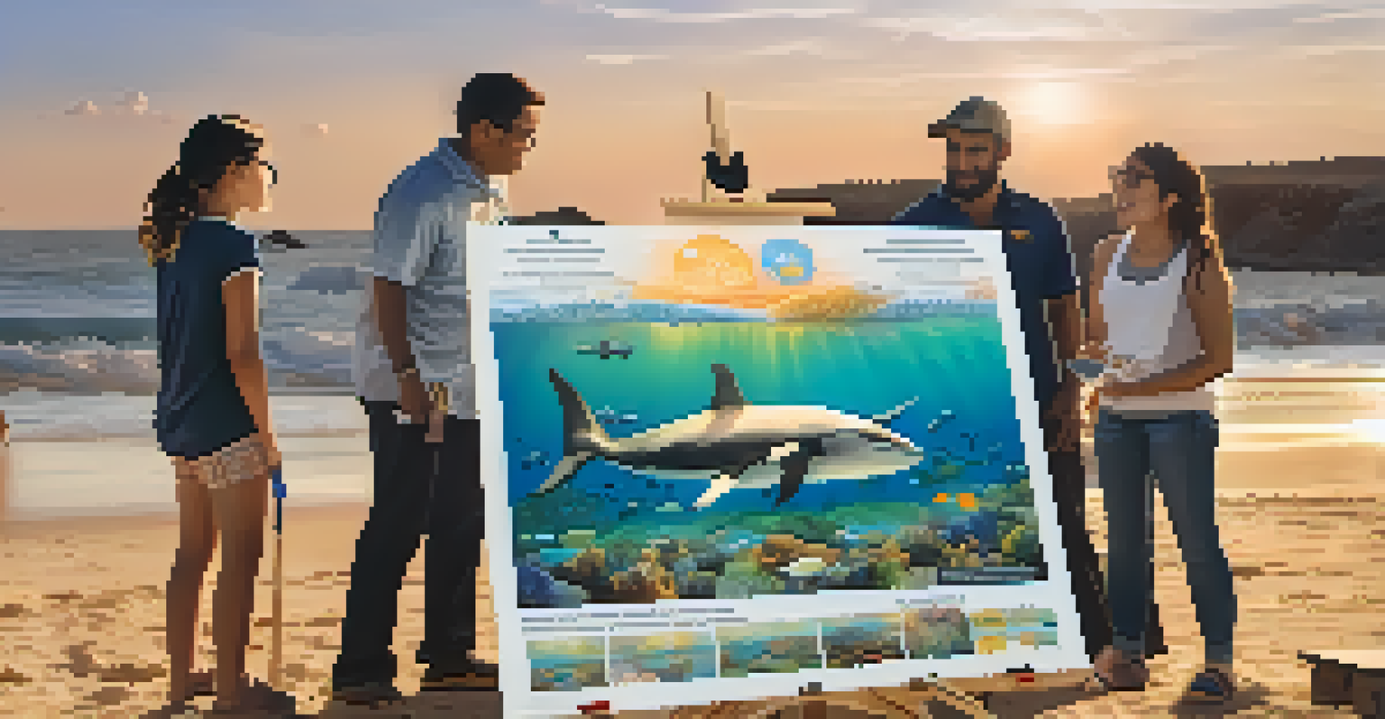 A workshop on the beach where a representative discusses marine conservation with participants, with a sunset in the background.