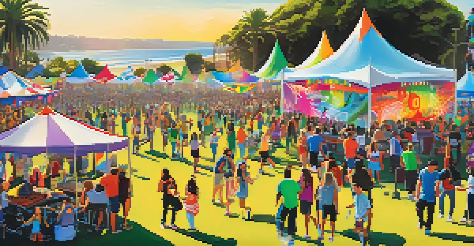 A lively Santa Monica Music Festival with diverse performances, food trucks, and a festive atmosphere in a sunny park.