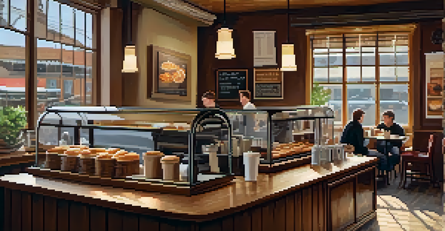 The interior of a cozy coffee shop with wooden furniture and baristas preparing coffee, illuminated by soft natural light.