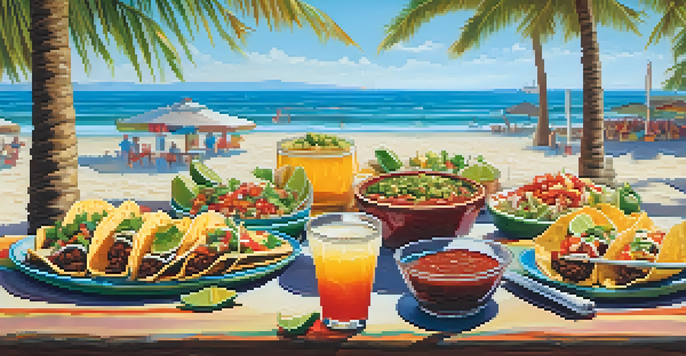 A table filled with various tacos, fresh salsa, and colorful IPA beers against a sunny beach backdrop with palm trees.