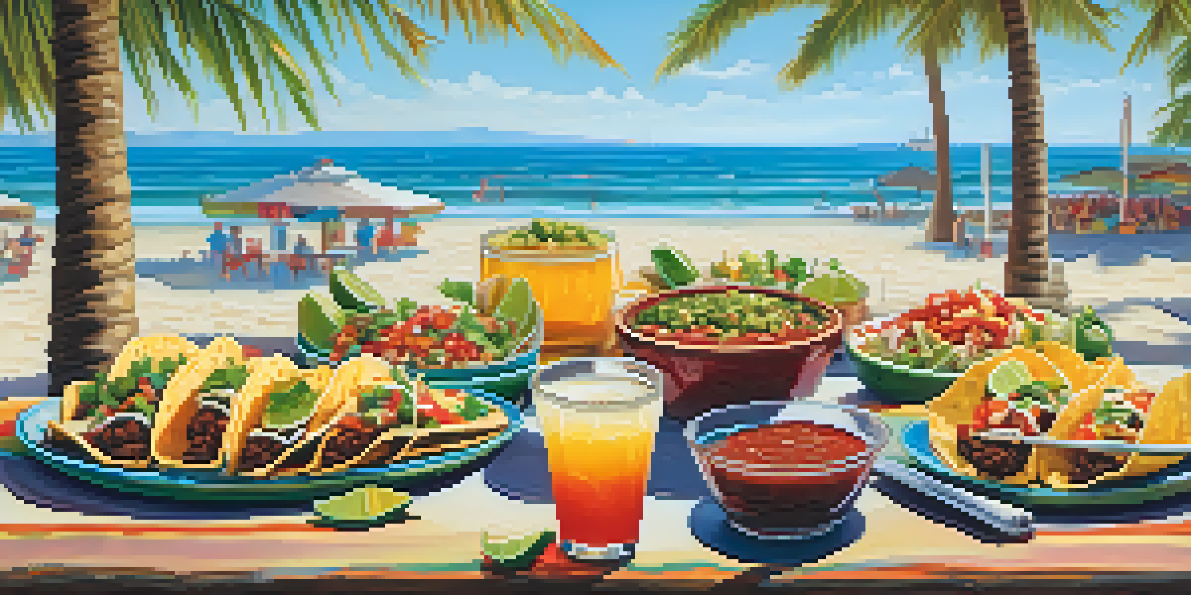 A table filled with various tacos, fresh salsa, and colorful IPA beers against a sunny beach backdrop with palm trees.