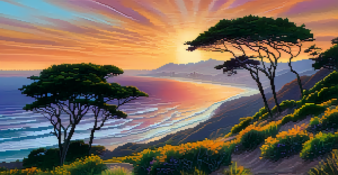 A scenic view from a hiking trail in Santa Monica at sunset, with lush greenery in the foreground and the ocean in the background.