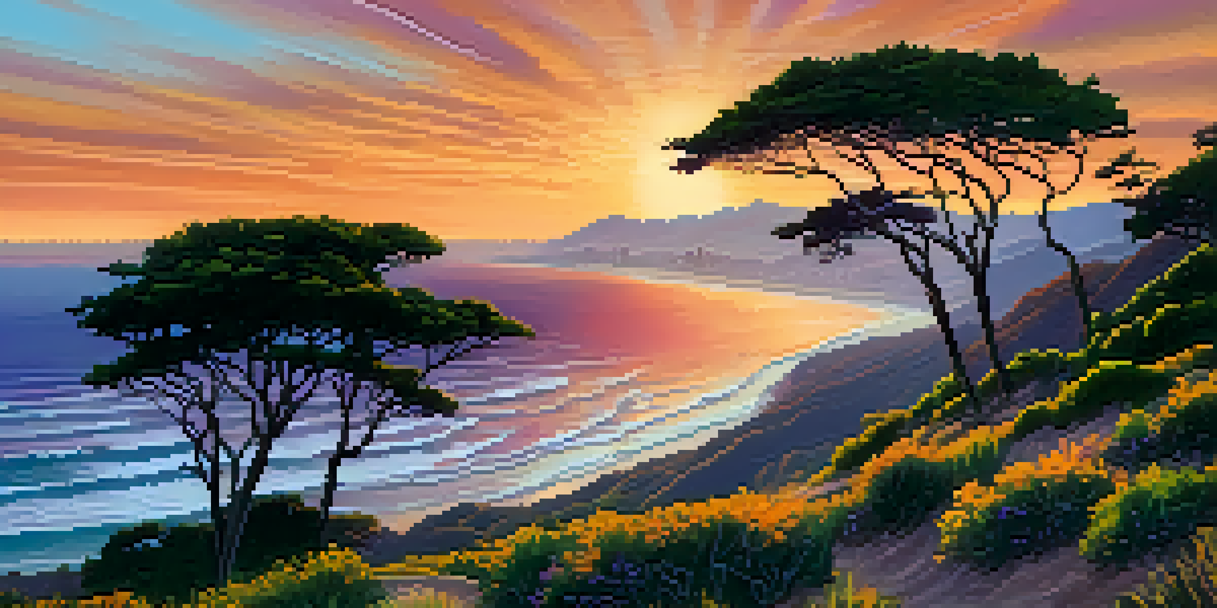 A scenic view from a hiking trail in Santa Monica at sunset, with lush greenery in the foreground and the ocean in the background.