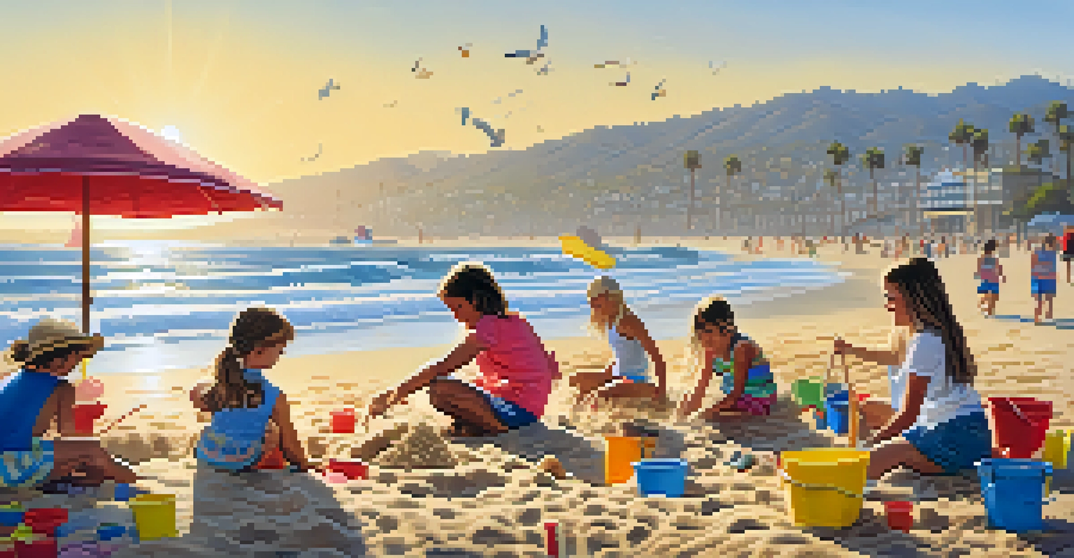 A family joyfully building a sandcastle on Santa Monica beach with the ocean in the background.