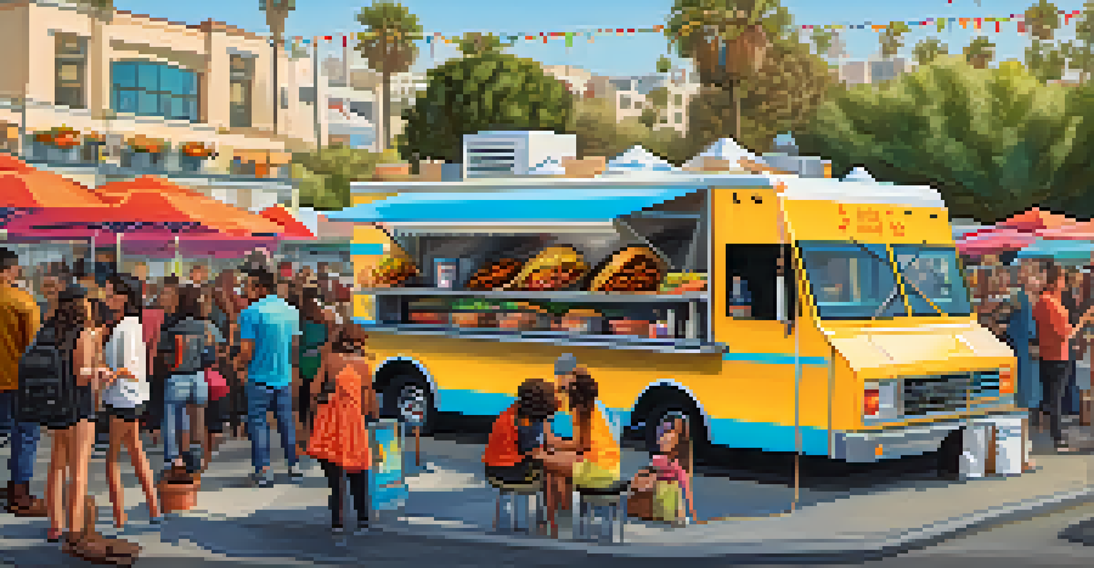 A lively food truck event in Santa Monica with various food trucks and people enjoying different cuisines in a cheerful environment.