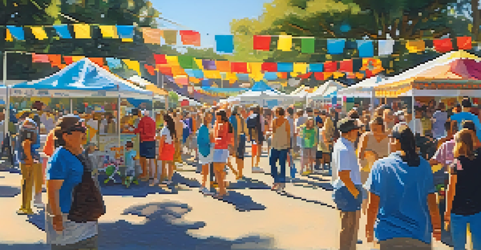 A lively festival scene in Santa Monica with people enjoying various cultural activities, surrounded by colorful booths and decorations.