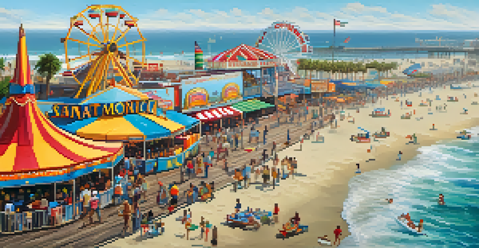 An aerial view of Santa Monica Pier filled with people, carnival rides, and street performers.
