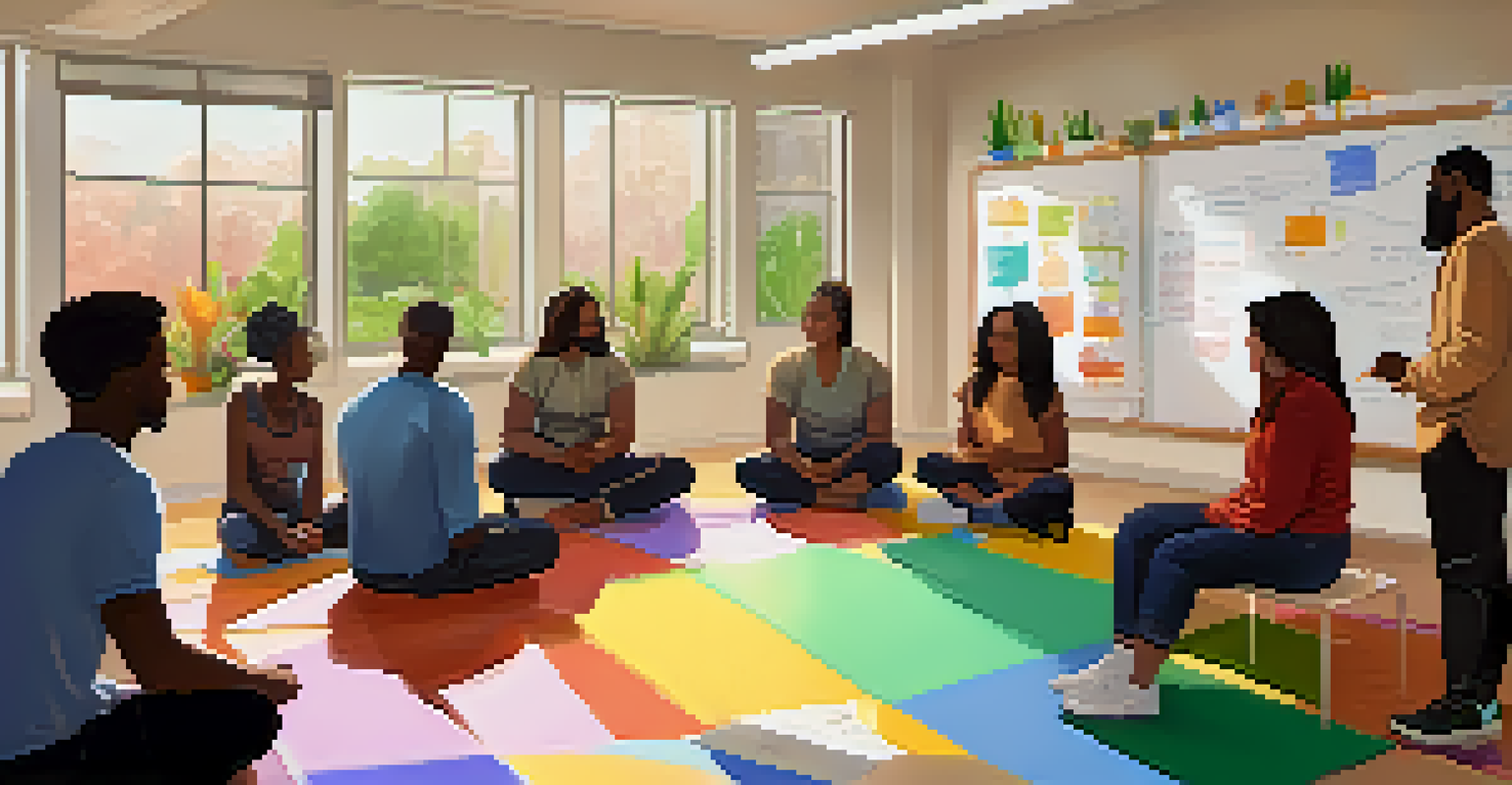 A mental health workshop in a community center with diverse participants and a facilitator at a whiteboard.
