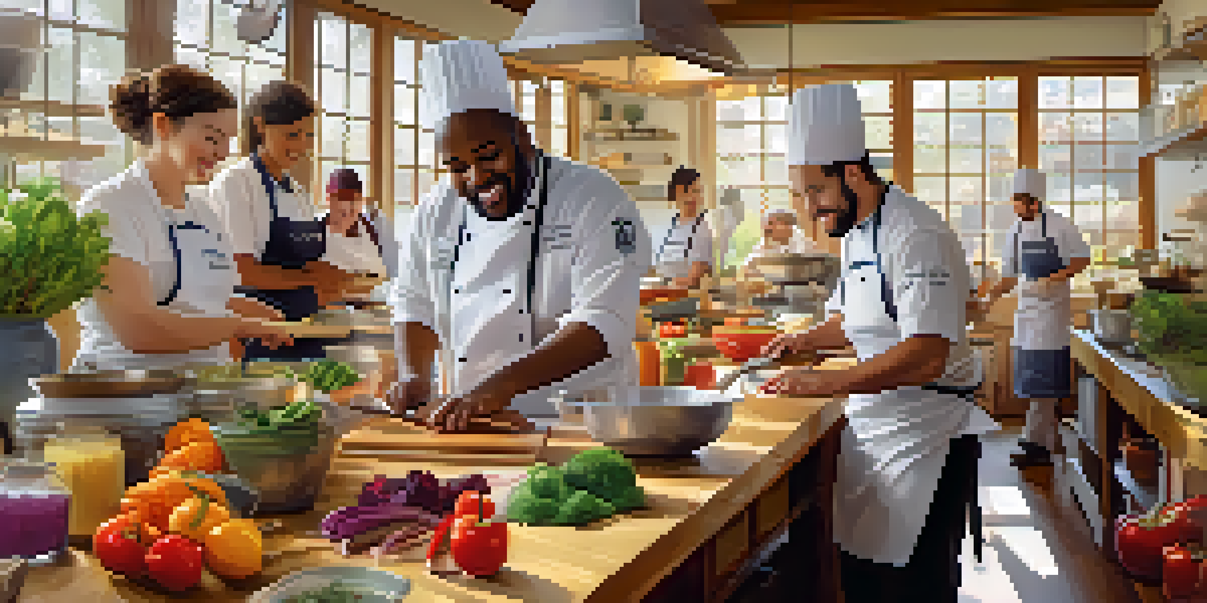 A diverse group of chefs in a bright kitchen participating in a culinary workshop, with colorful ingredients and an instructor showing cooking techniques.
