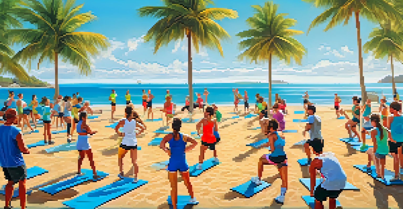 A diverse group of people participating in an outdoor boot camp session on the grass by the beach.