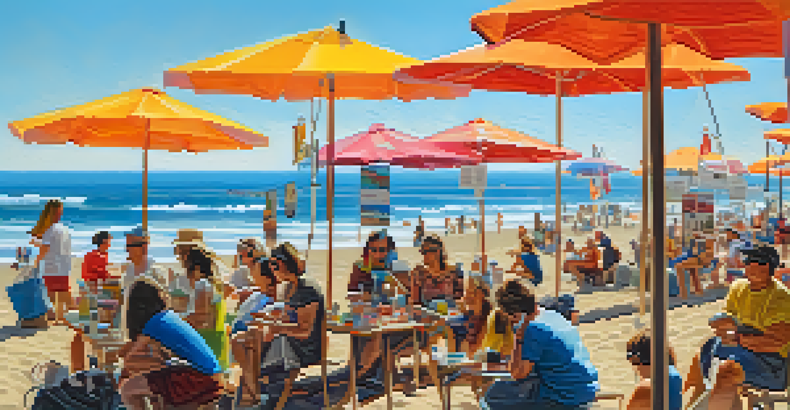 Visitors enjoying the Santa Monica Beach Art Festival with artists showcasing their work on the beach.