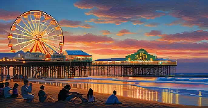 A sunset view of the Santa Monica Pier with colorful lights, bustling visitors, and palm trees.