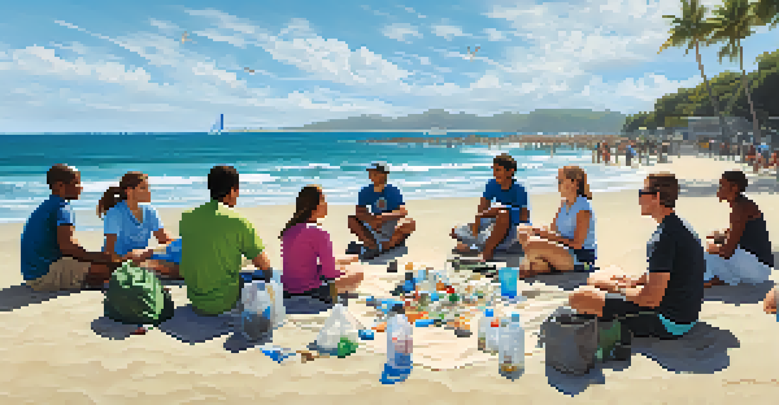 A community meeting on the beach discussing clean-up initiatives with the ocean in the background.