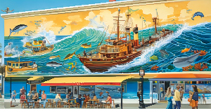 A colorful mural illustrating Santa Monica's maritime heritage, featuring waves and marine life, with people nearby enjoying the art.