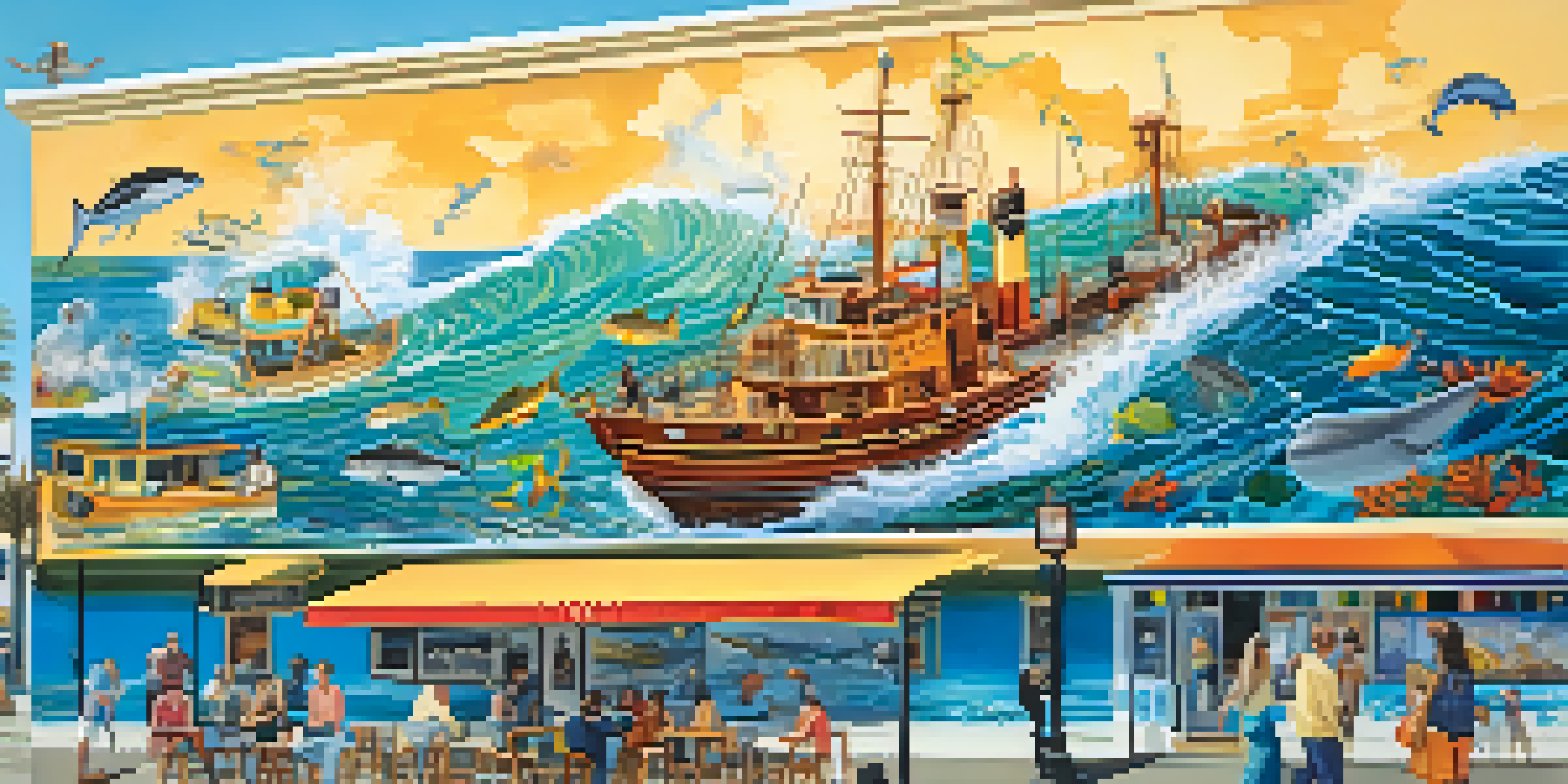 A colorful mural illustrating Santa Monica's maritime heritage, featuring waves and marine life, with people nearby enjoying the art.