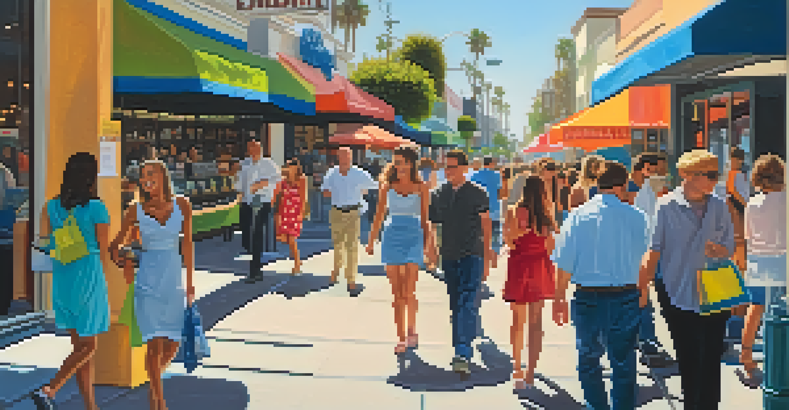 A bustling street scene on the Third Street Promenade in Santa Monica, filled with shoppers and street performers.