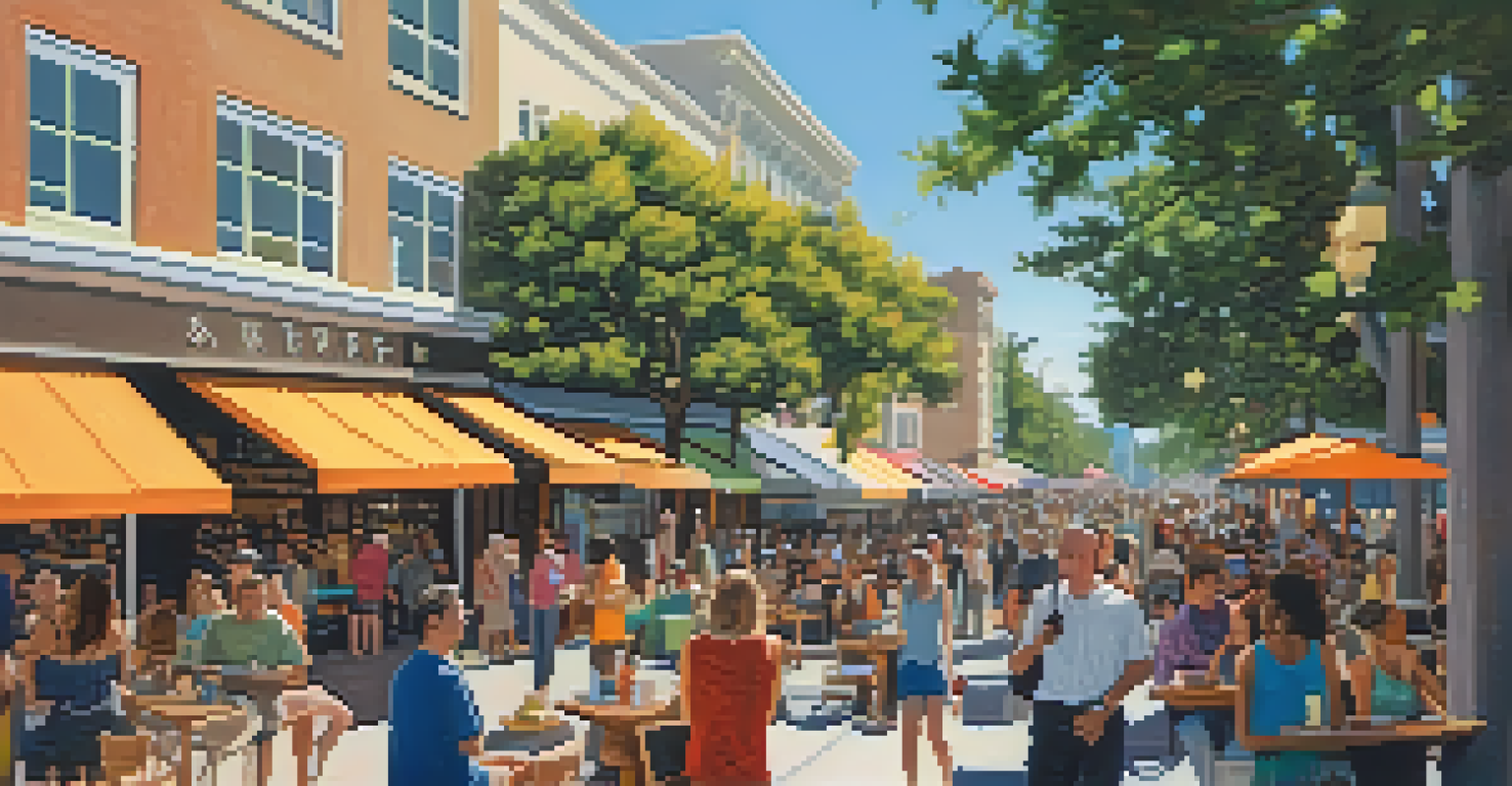 Aerial view of Third Street Promenade bustling with shoppers, street performers, and cafes.