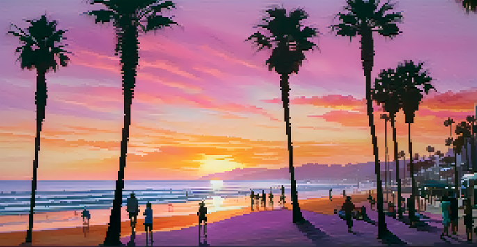 A sunset beach scene in Santa Monica with colorful skies and palm trees, people walking along the shore.