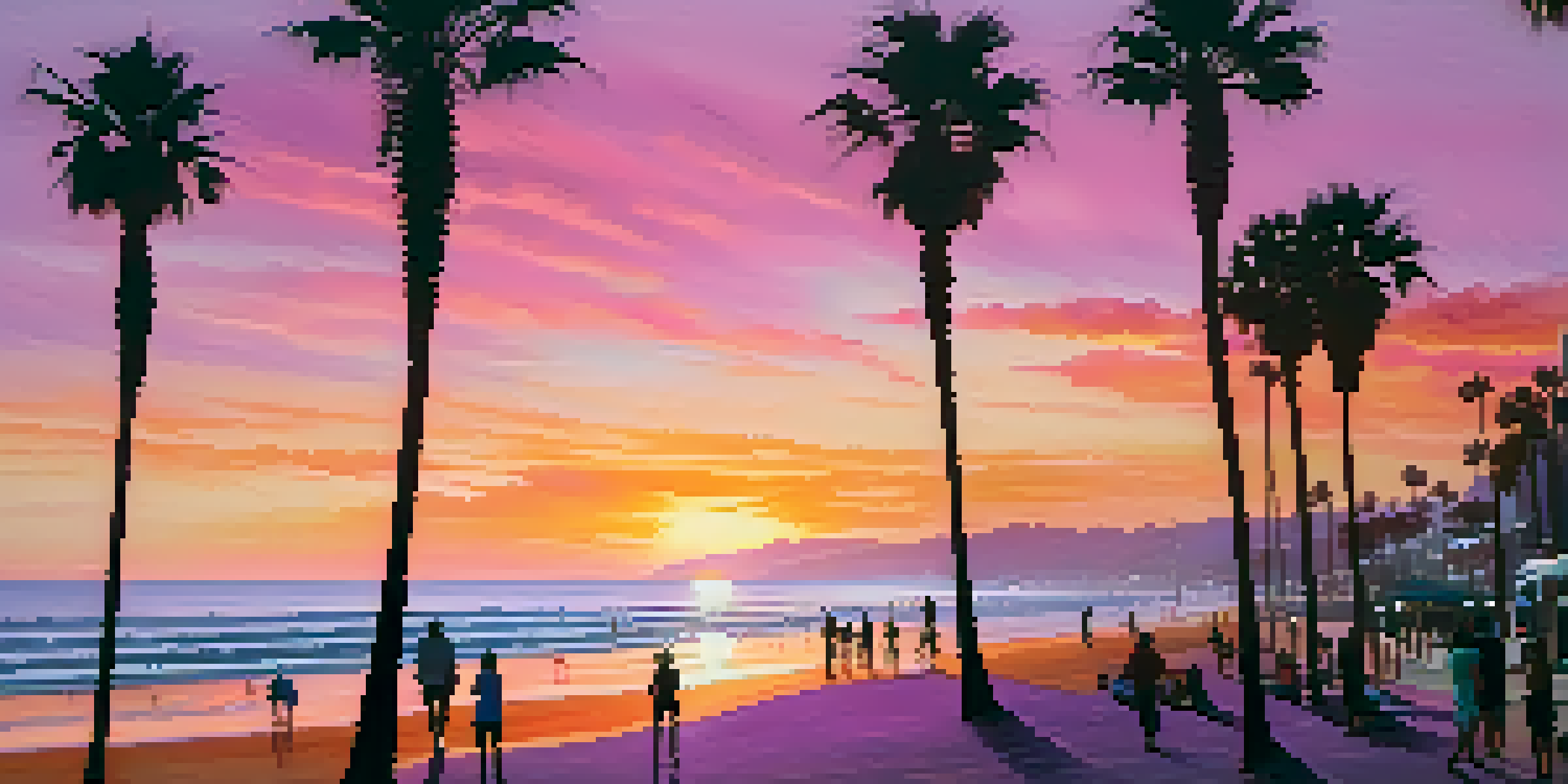 A sunset beach scene in Santa Monica with colorful skies and palm trees, people walking along the shore.
