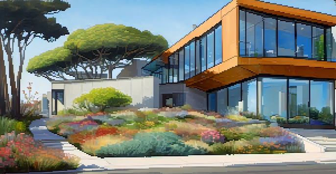 A modern eco-friendly building with a green roof, solar panels, and drought-resistant landscaping in Santa Monica.