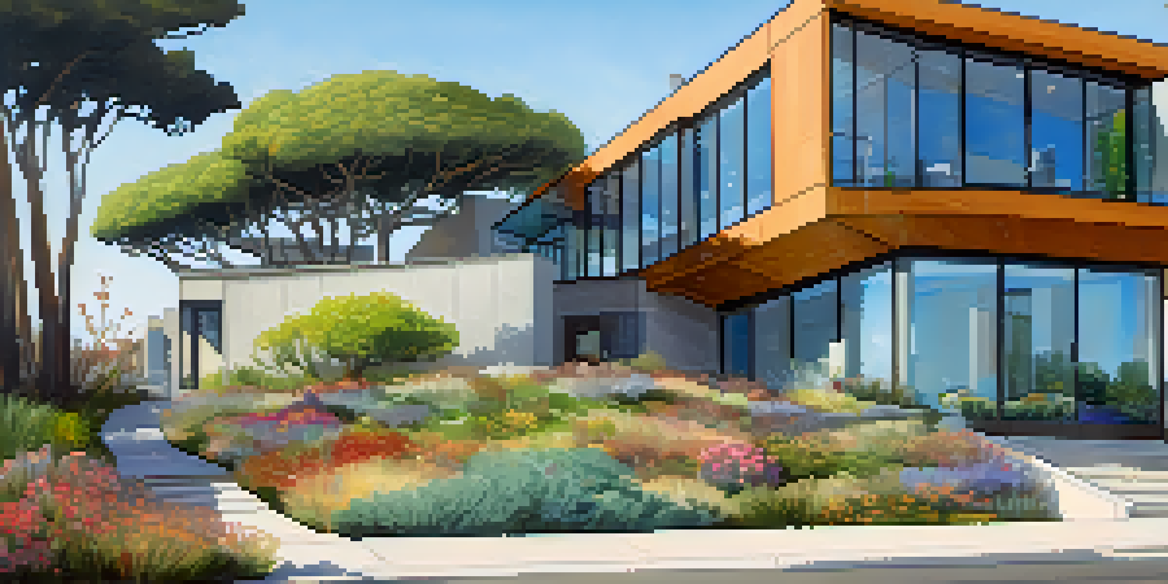 A modern eco-friendly building with a green roof, solar panels, and drought-resistant landscaping in Santa Monica.