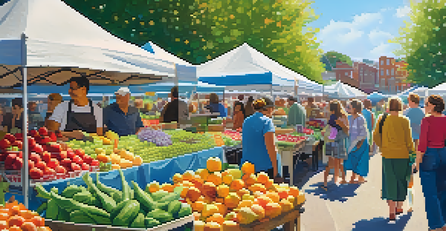 A vibrant farmers market with vendors selling fresh produce and shoppers interacting in a lively atmosphere.