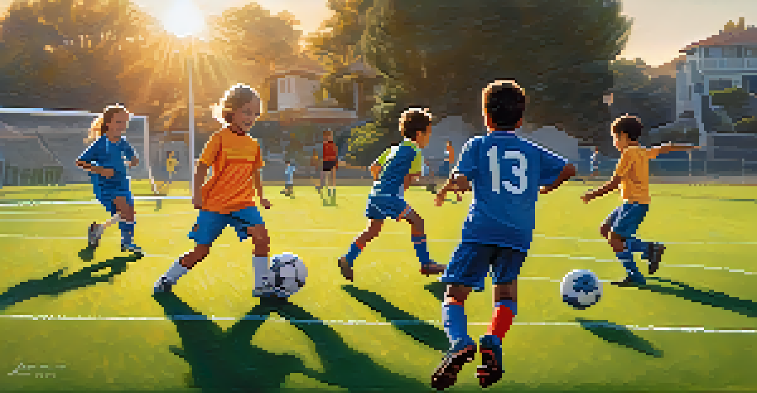 Children in bright jerseys playing soccer on a grassy field during sunset, showcasing teamwork and competition.