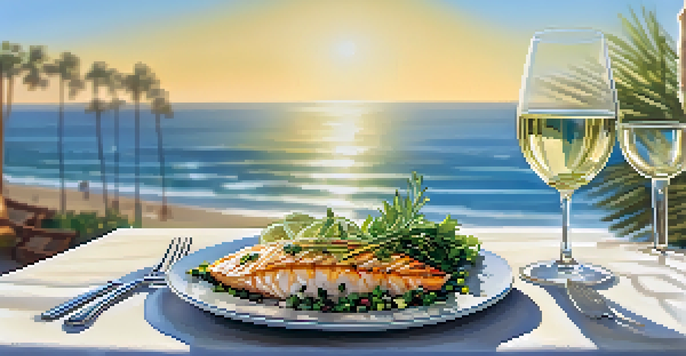 A dining table with grilled fish and a glass of Sauvignon Blanc, set against a beach backdrop with palm trees.
