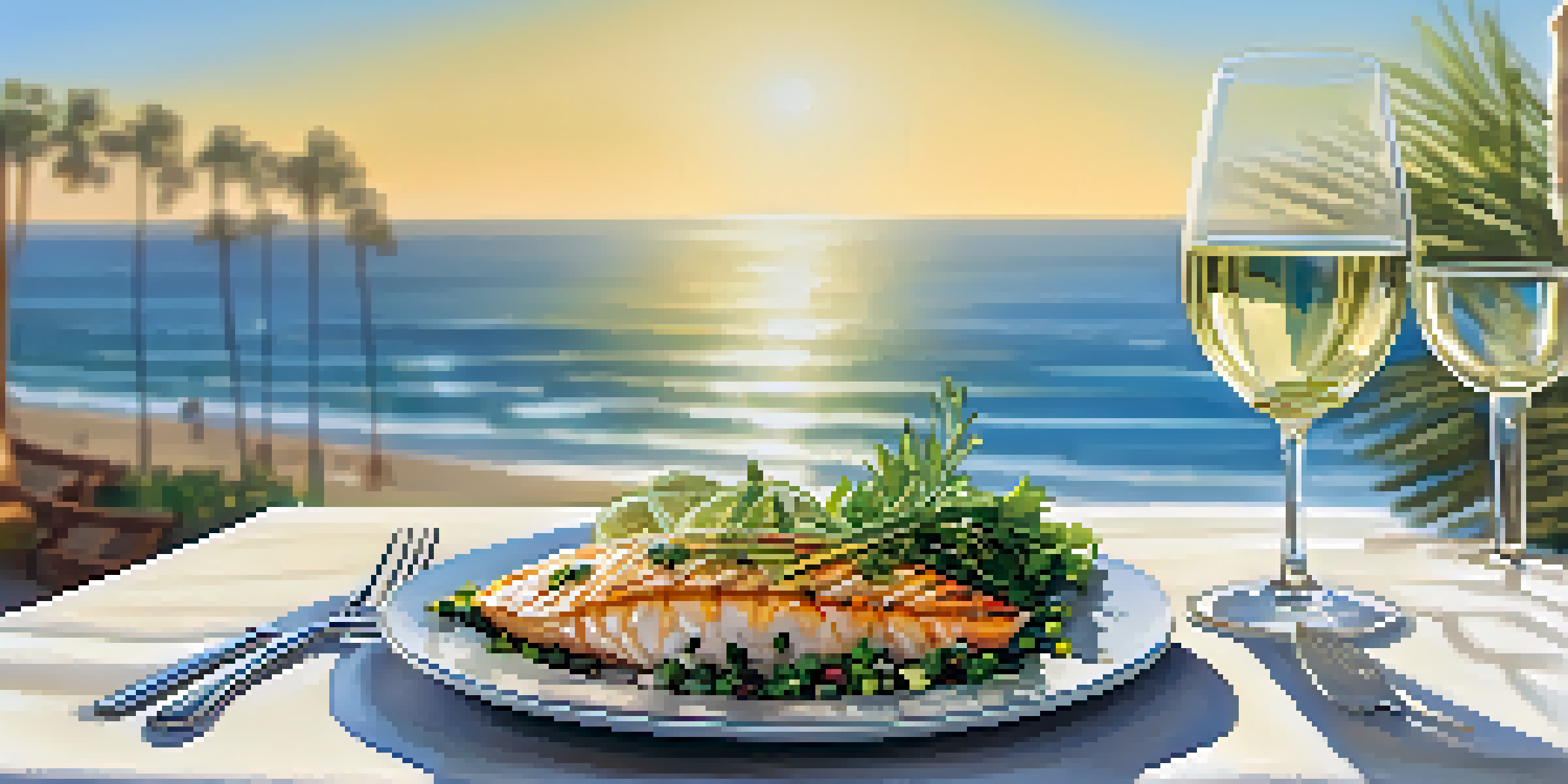 A dining table with grilled fish and a glass of Sauvignon Blanc, set against a beach backdrop with palm trees.