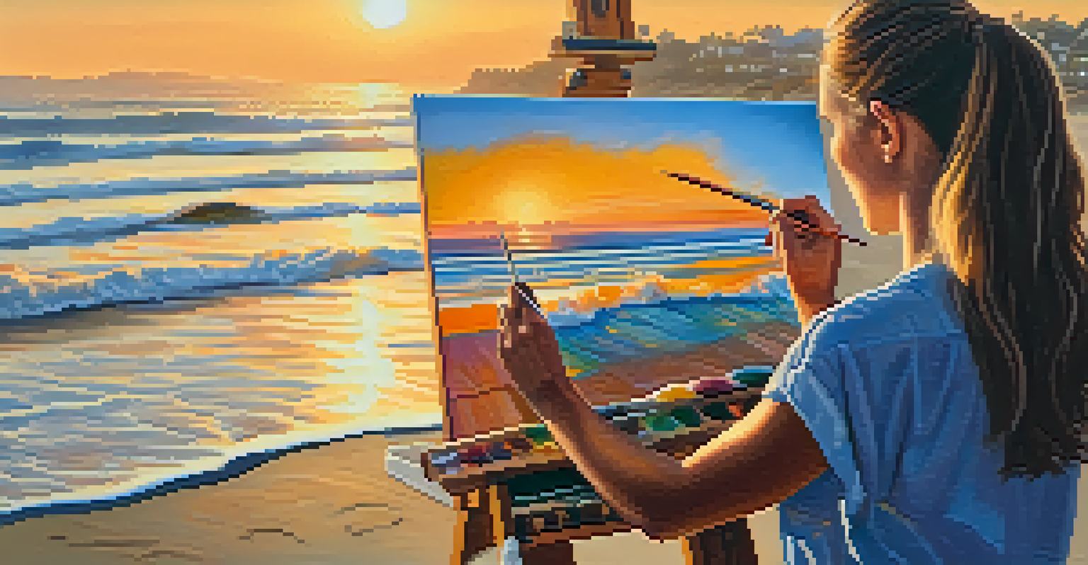A local artist painting a colorful seascape at sunset, with a palette full of bright colors and soft golden light illuminating the scene.