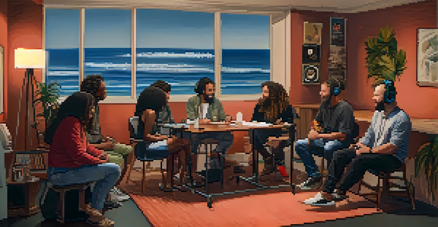 A cozy podcast recording studio with diverse podcasters engaged in conversation, featuring acoustic panels and warm lighting.