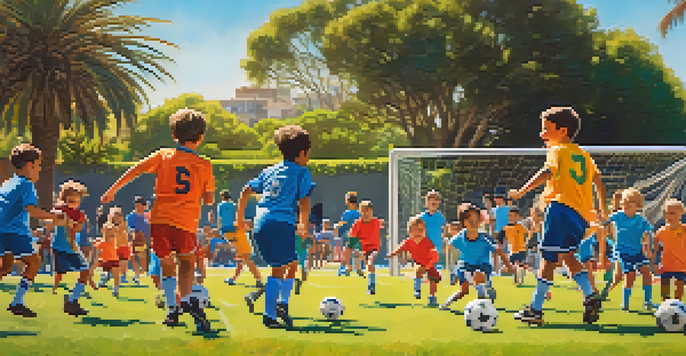 Young children playing soccer in a sunny park, with colorful jerseys and palm trees in the background.