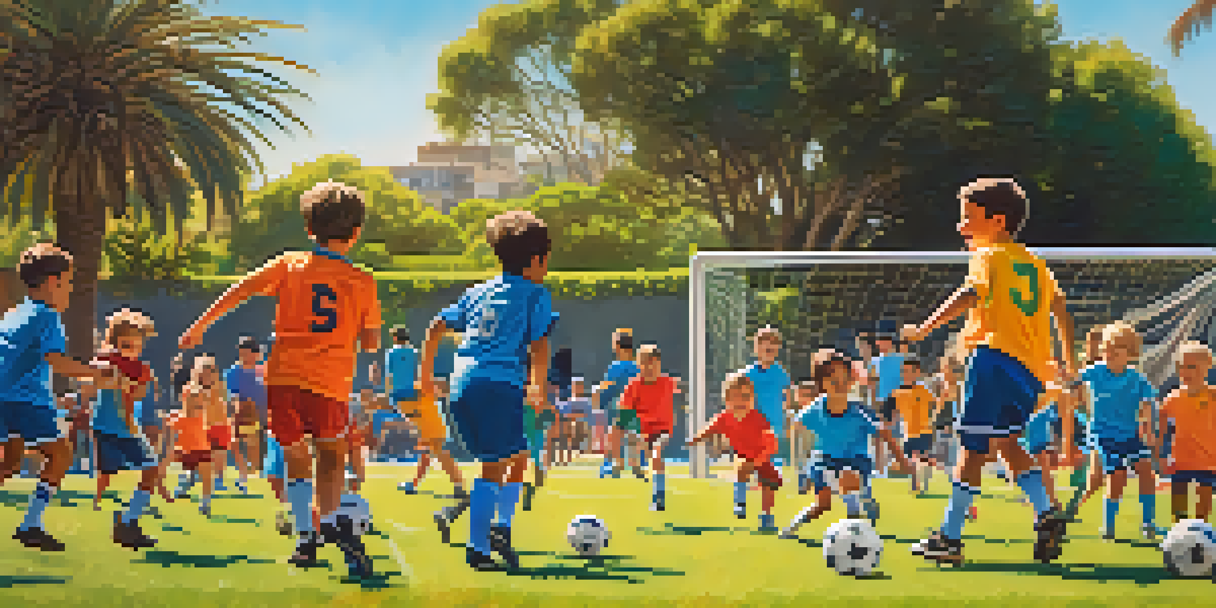 Young children playing soccer in a sunny park, with colorful jerseys and palm trees in the background.
