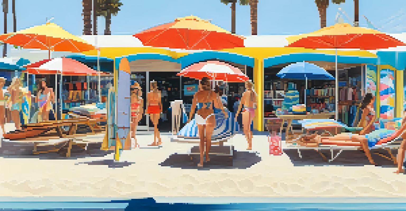 A summer-themed pop-up shop displaying beachwear and accessories, decorated with beach umbrellas and surfboards.