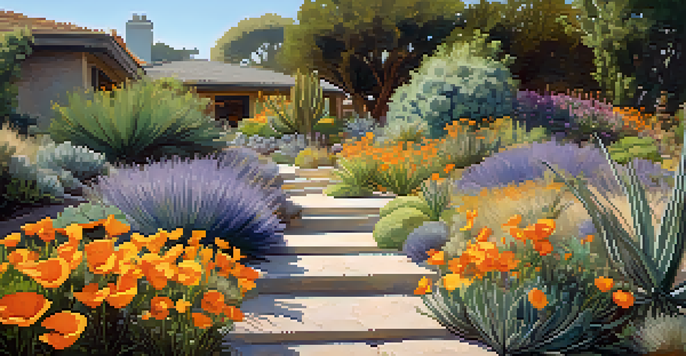 A colorful garden in Santa Monica showcasing drought-tolerant native plants, with a stone pathway and sunlight filtering through the foliage.