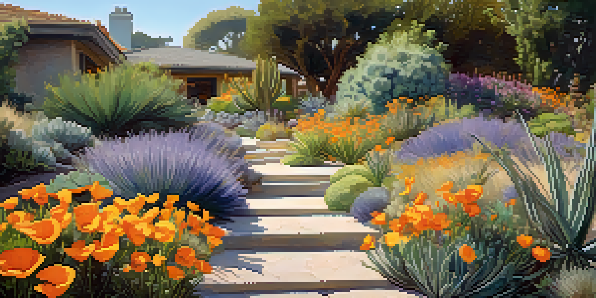 A colorful garden in Santa Monica showcasing drought-tolerant native plants, with a stone pathway and sunlight filtering through the foliage.