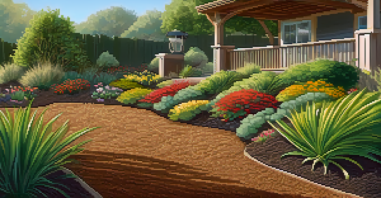 A close-up view of organic mulch in a garden bed, with various healthy plants thriving in a sunny environment.
