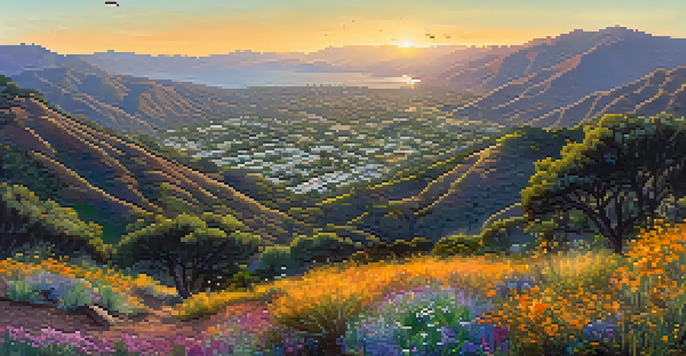 Panoramic view of the Santa Monica Mountains at sunset, with colorful wildflowers in the foreground and illuminated rugged terrain.