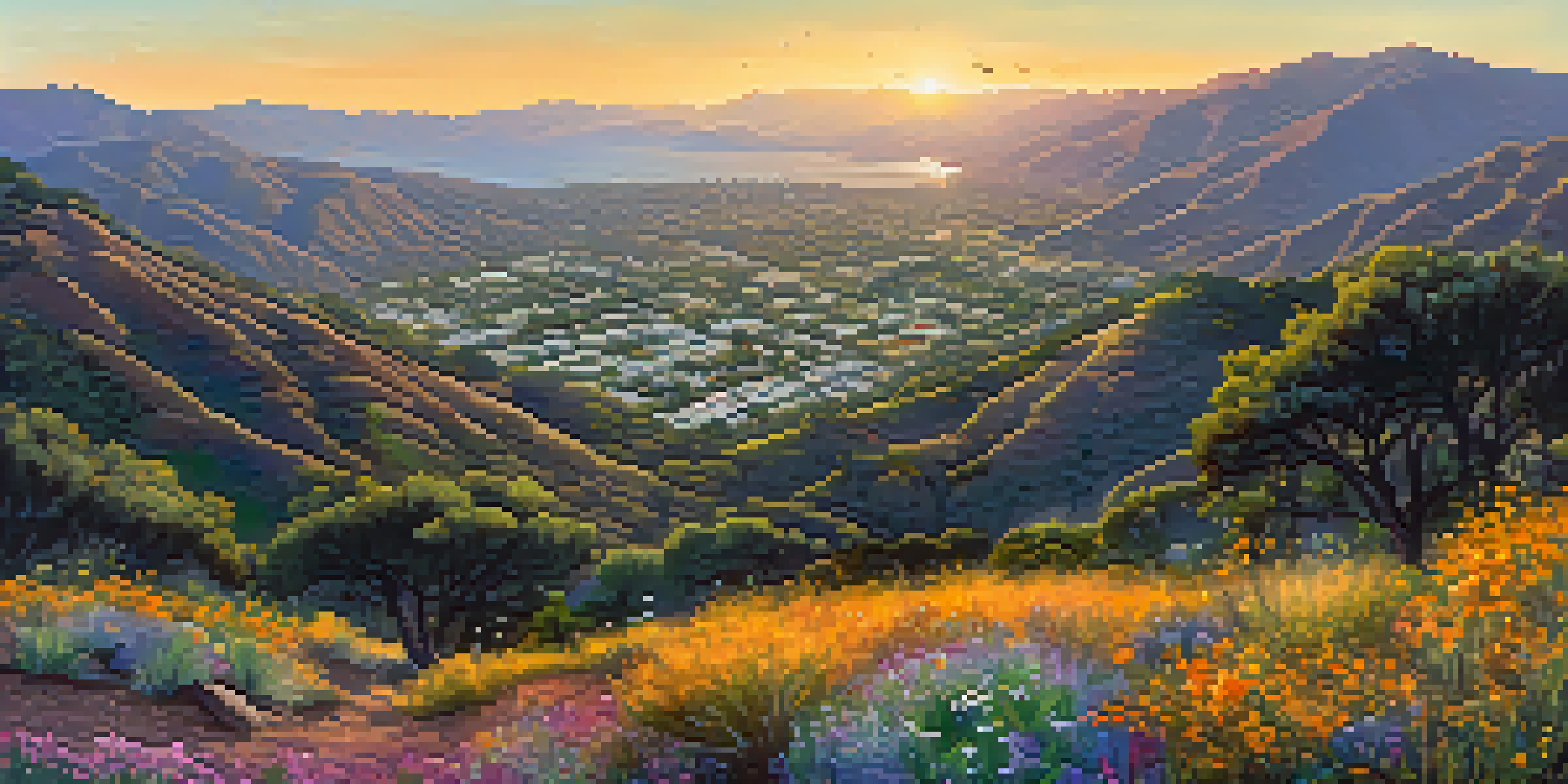 Panoramic view of the Santa Monica Mountains at sunset, with colorful wildflowers in the foreground and illuminated rugged terrain.