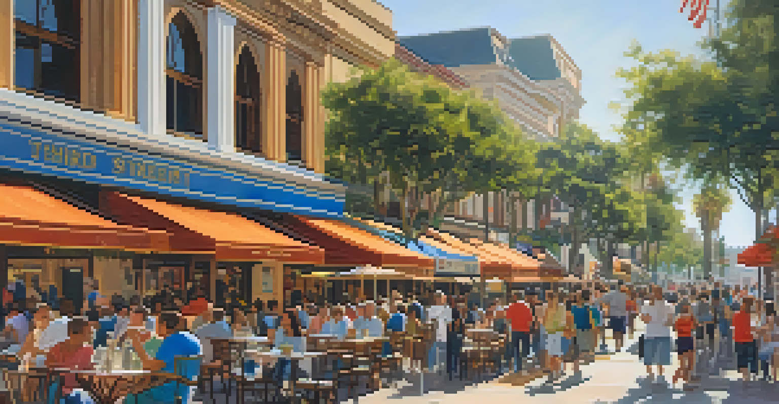A lively scene at Third Street Promenade with street performers and shoppers against a backdrop of historic buildings.