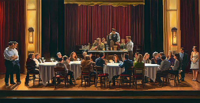 A cozy theater scene with actors on stage and an engaged audience, illuminated by warm lighting.