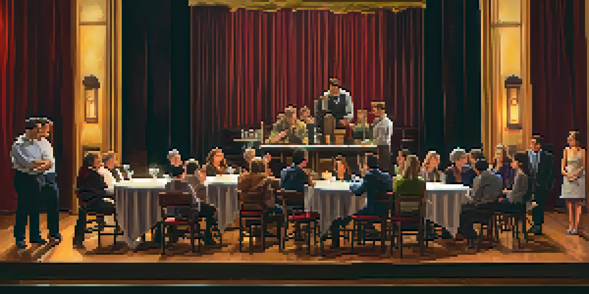 A cozy theater scene with actors on stage and an engaged audience, illuminated by warm lighting.