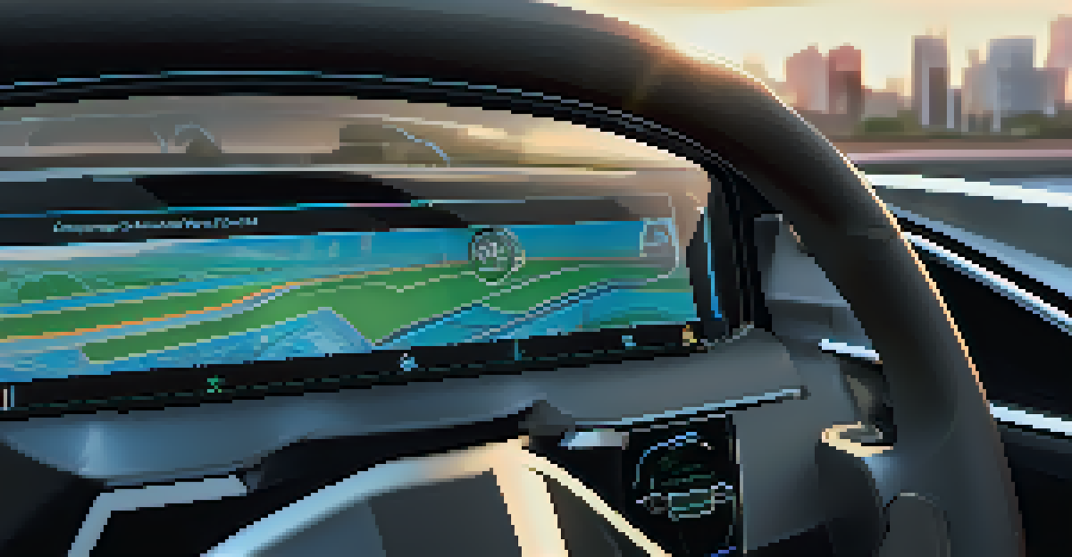A close-up of an electric vehicle's dashboard with a high-tech interface and a map of charging stations, showcasing a modern interior and a view of the city.