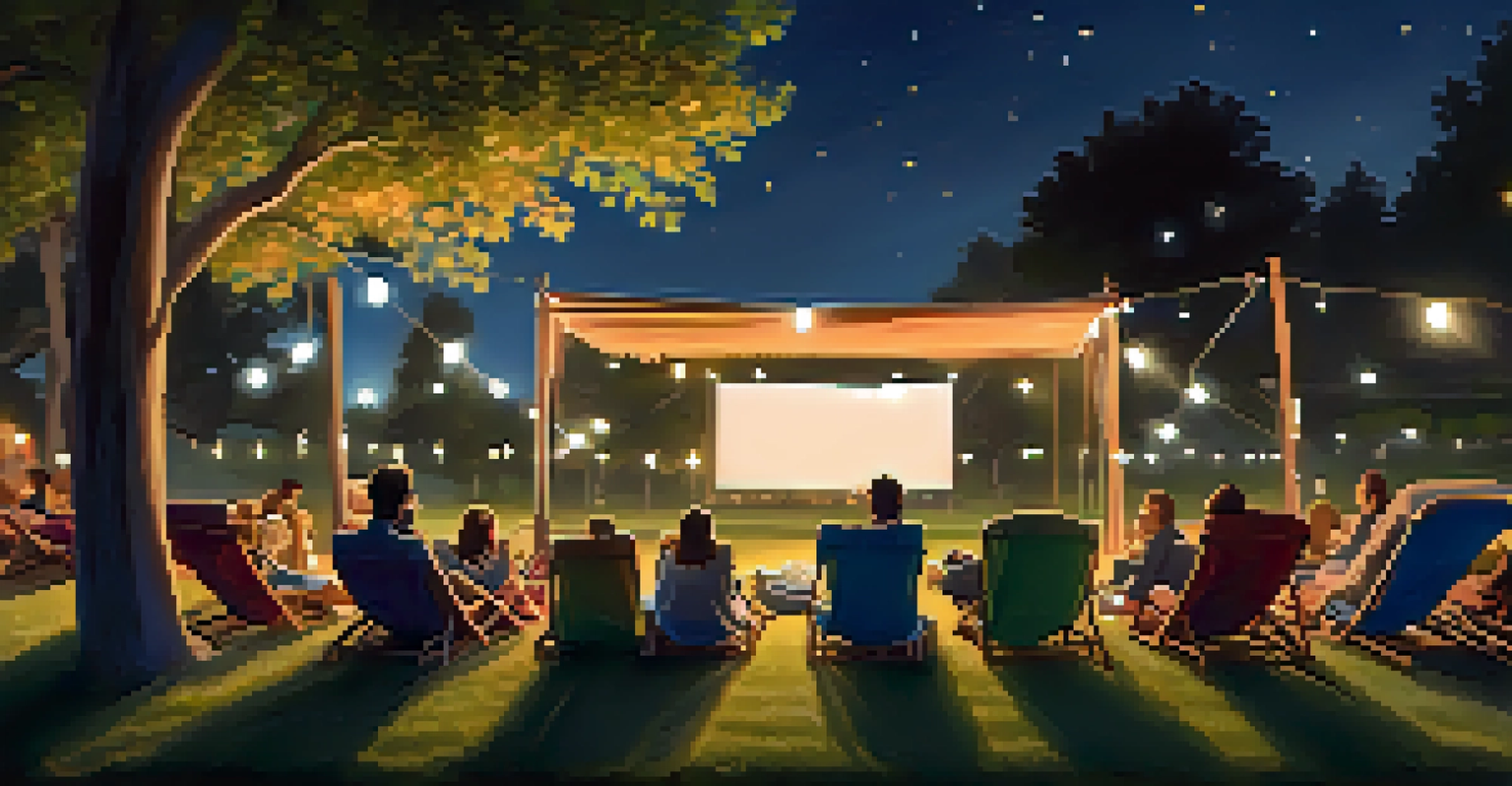 Families enjoying an outdoor movie night on blankets in a park, with a large screen showing a film and starry sky above.
