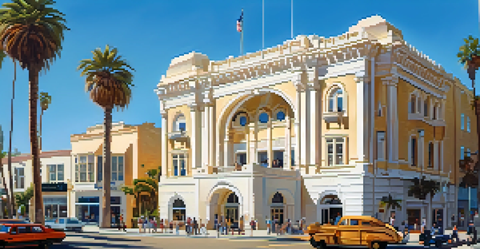 A sunny day at the Santa Monica Historical Society with palm trees and visitors interacting with an outdoor exhibit.