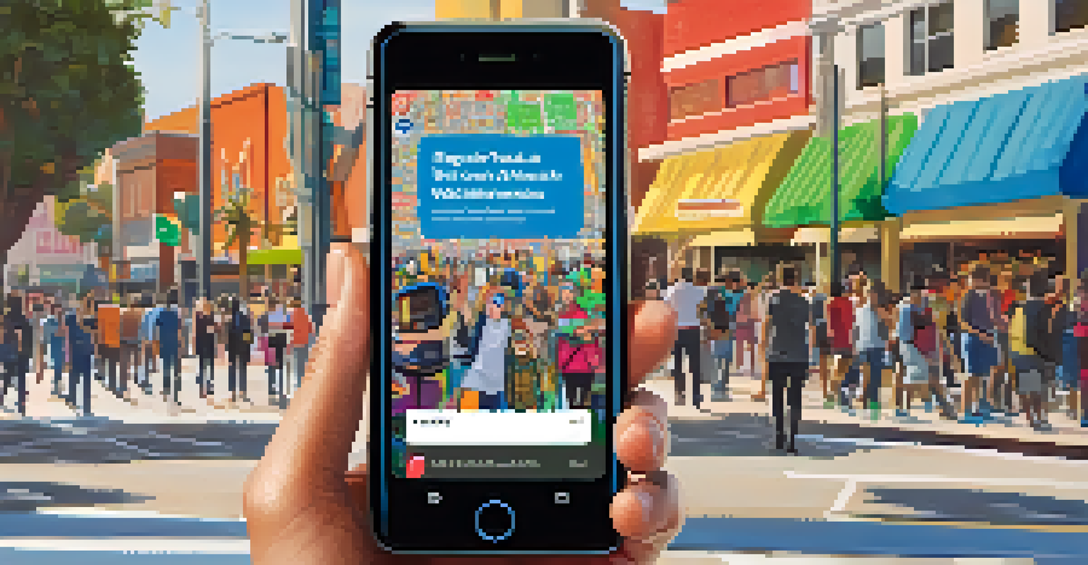 A close-up of a smartphone displaying a social media post about youth civic engagement, with colorful graphics, set against a busy street scene in Santa Monica.