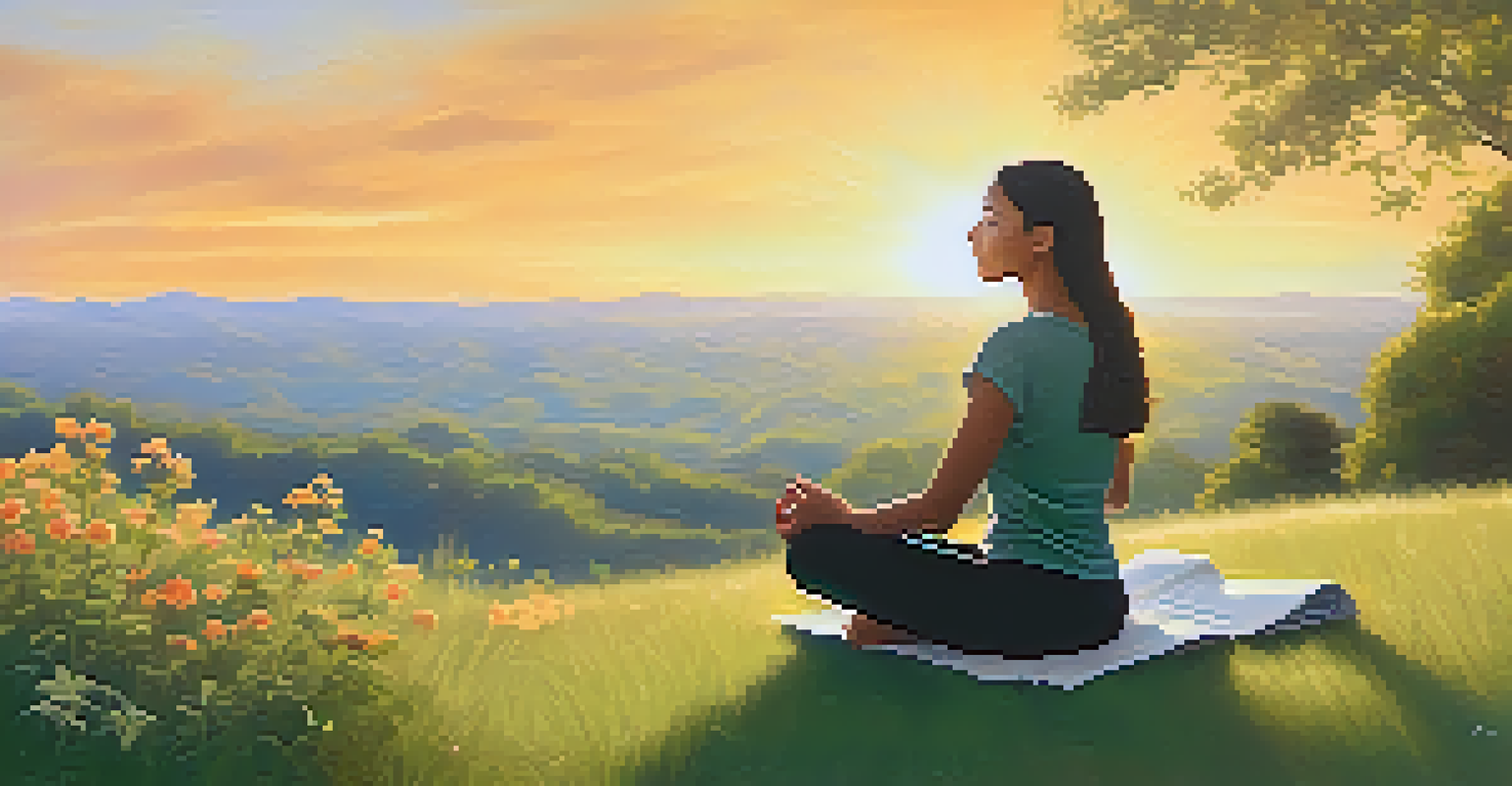 A person meditating on a grassy hilltop during sunset, surrounded by nature and flowers, radiating peace and tranquility.