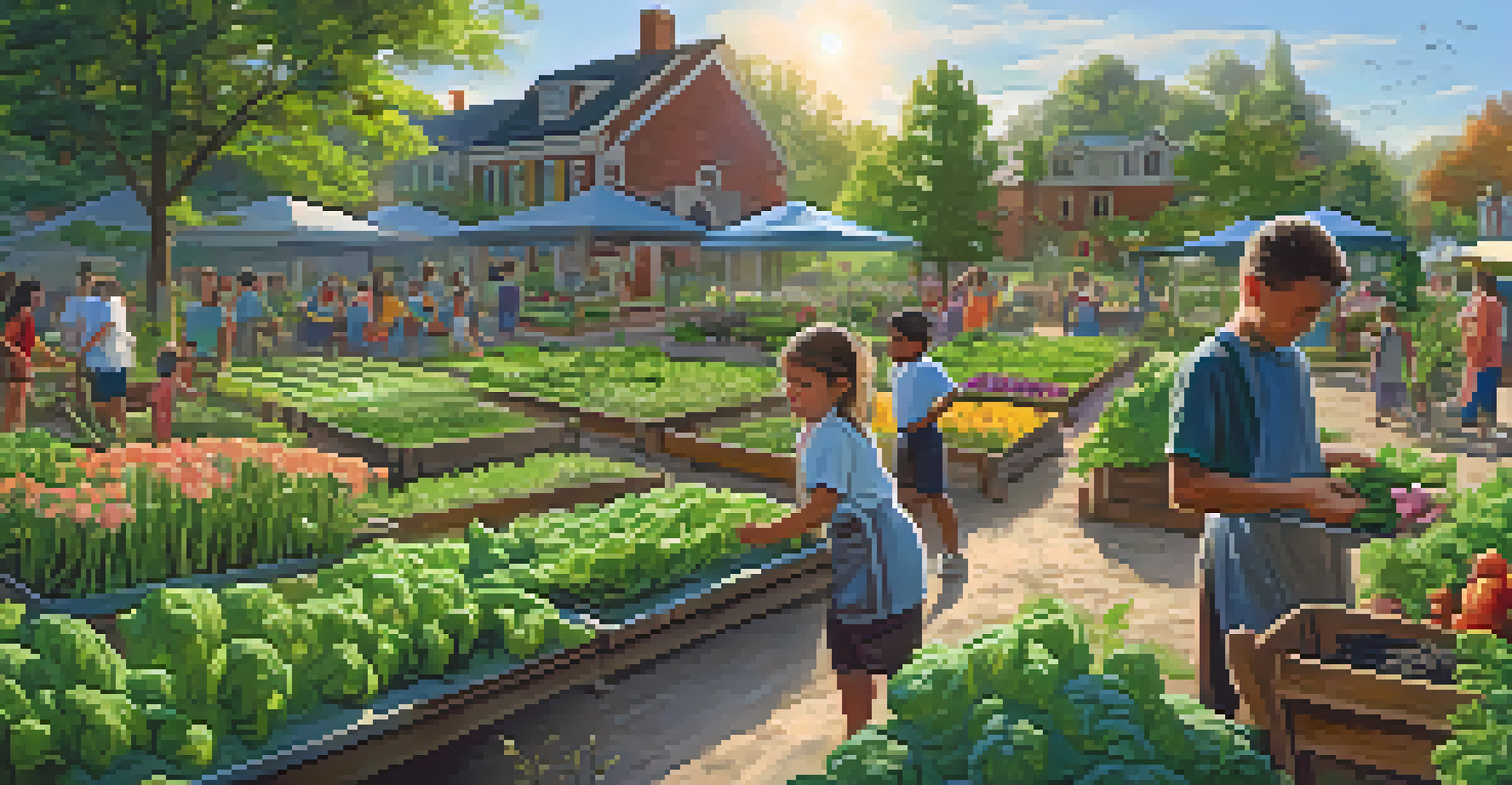 Children actively participating in a community garden, planting seeds and learning from a local chef, surrounded by vibrant greenery.